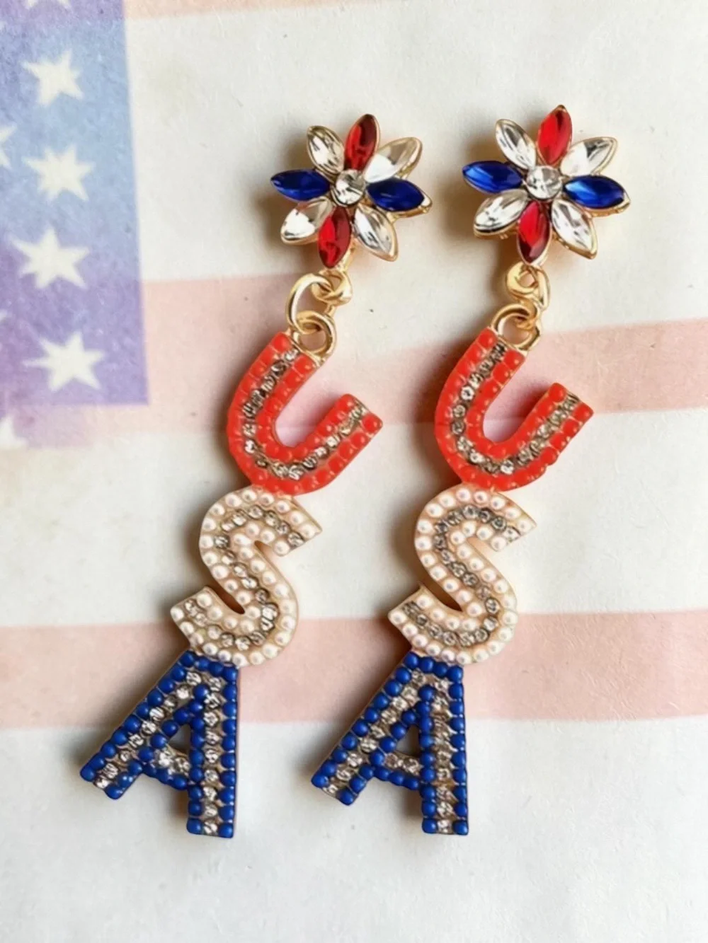 Patriotic USA Rhinestone Beaded Dangle Earrings Red White Blue July 4th NWT